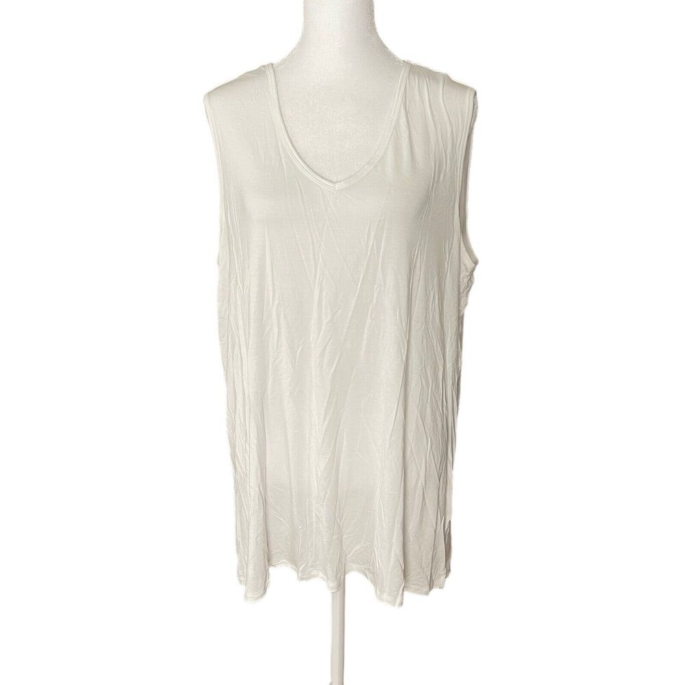 Lands End XL Tunic Tank Top Vneck Sleeveless White Side Slits Flowy Basic